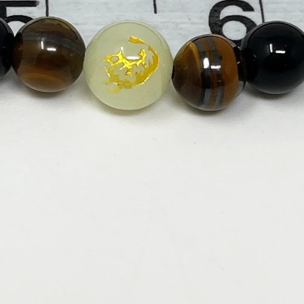 Black Beaded Mala Necklace with Tiger Eye & Gold Script Bead – 36” Prayer Beads